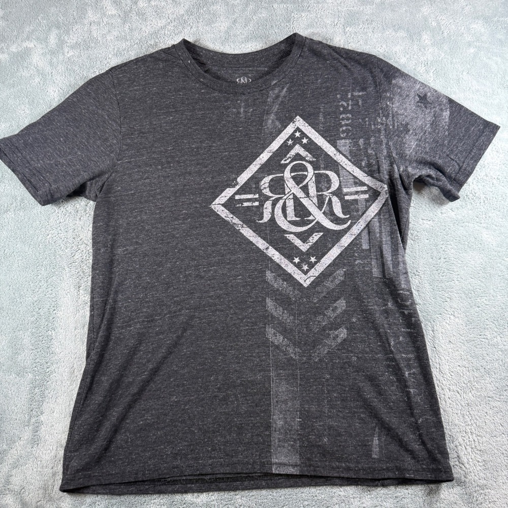 Rock & Republic Mens Large Charcoal Heather Grey Distressed Logo Graphic T-Shirt